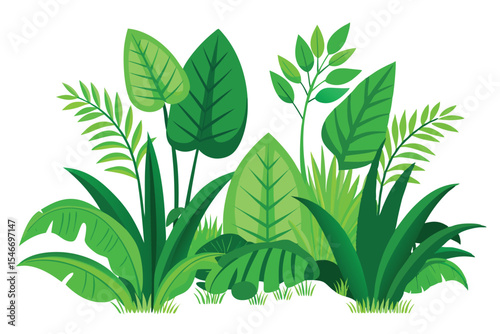 Set of Green Grass and Tropical Leaves Jungle Nature Landscape Vector Art Illustration