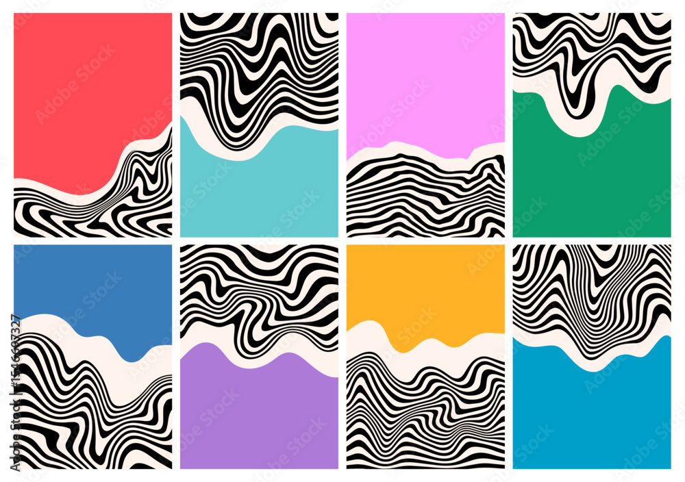 Wave Psychedelic Pattern Posters. Abstract Vector Retro Groovy Backgrounds. Liquid Line Prints Patterns.