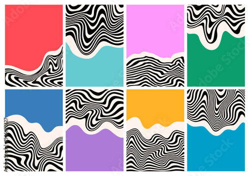 Wave Psychedelic Pattern Posters. Abstract Vector Retro Groovy Backgrounds. Liquid Line Prints Patterns.