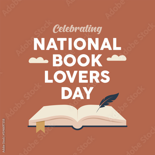 Celebrating National Book Lovers Day Open Book Beige Pages Quill Terracotta Background reading