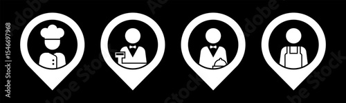 Chef, Cashier, Waiter, Cleaner with pin location icon set illustration vector.