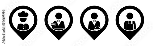 Chef, Cashier, Waiter, Cleaner with pin location icon set illustration vector.