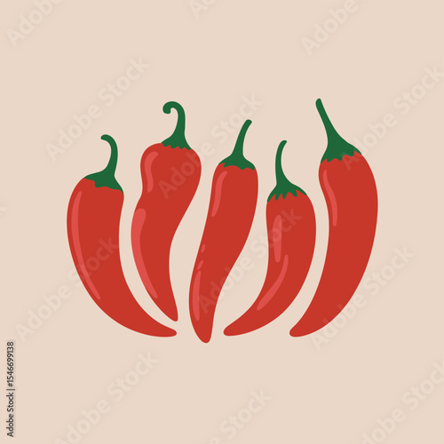 Five red chili peppers illustration
