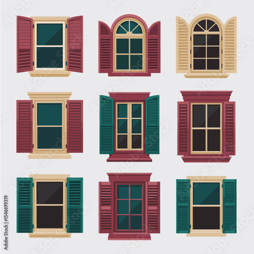 Collection of vintage windows with shutters