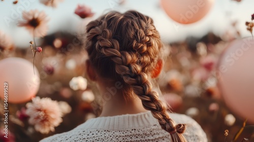 A girl's braided hair is framed by blooming flowers and pastel balloons, capturing the essence of youthfulness and serenity in a picturesque outdoor setting filled with beauty.