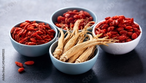 ginseng and goji berries in bowls