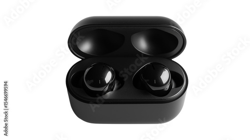 black wireless earbuds and case  with a sleek design, isolated on white background , transparent png 