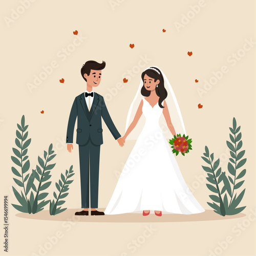 Newlyweds, wedding invitation, bride, groom, couple, love, groom, dress, woman, marriage, vector, cartoon, invitation, illustration, bridal, married, ceremony, wife, bouquet, marry, flowers, celebrati