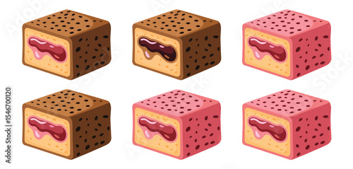 Six delicious chocolate and strawberry filled cube cakes