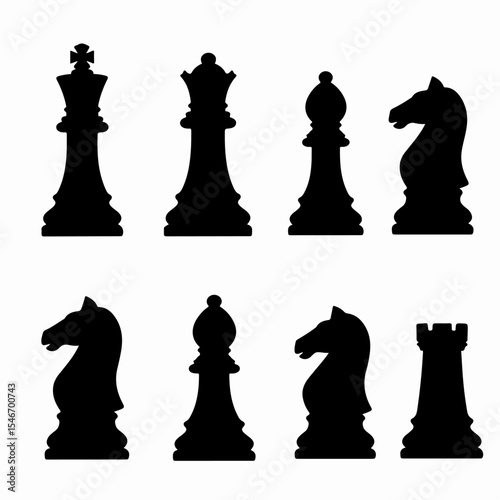 Chess pieces set, silhouette figures, strategy boardgame