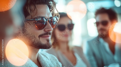A young man wearing sunglasses enjoys a joyful moment surrounded by friends outdoors, capturing the essence of friendship and leisure in a bright, cheerful atmosphere.