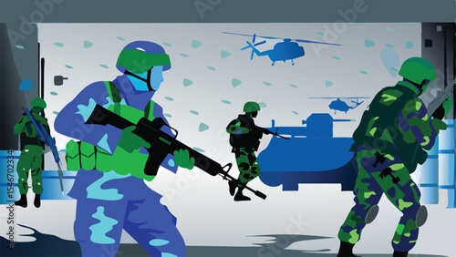 Illustration of soldiers in camouflage gear advancing with rifles and helicopters in the background scene