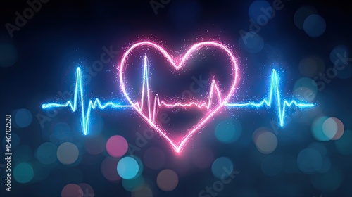 Glowing neon heart with heartbeat line on dark background symbolizing love health and medical concept