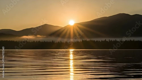 Sunrise Over Mountain Lake Reflections in Calm Water Golden Hour