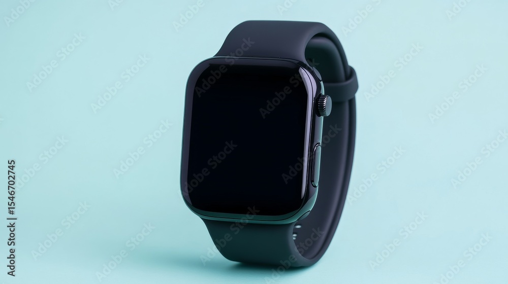 Black Smartwatch Mockup on Light Blue Background, wearable , tech Black Smartwatch Mockup on Light Blue Background, wearable , tech