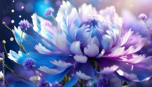 light blue and purple flowers explode in a dreamy elegant scene