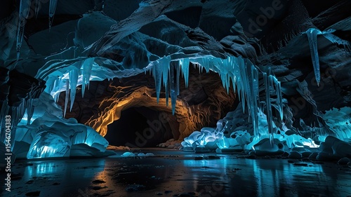 Interior of beautiful blue cave with stalactites and stalagmites