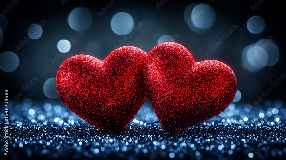 Fototapeta premium Sparkling Twin Red Hearts Resting on a Glamorous Bokeh Surface Celebrating Romantic Love and Valentine’s Magic. 