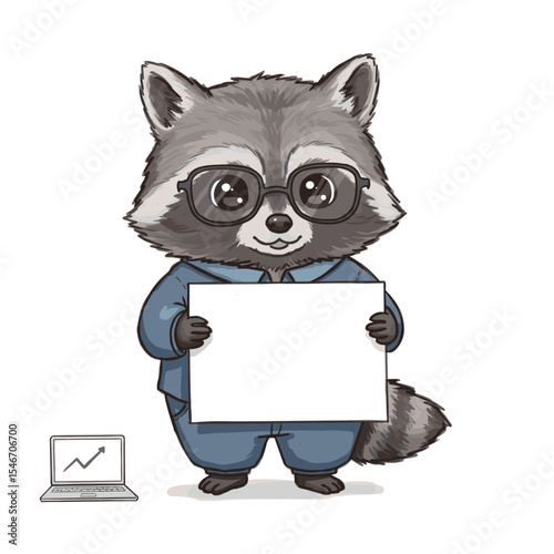 Cartoon raccoon in glasses holding blank sign next to laptop  