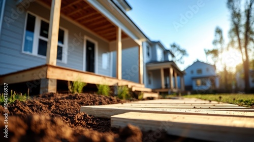 A picturesque view of newly constructed homes highlighting a serene outdoor environment, showcasing a wooden walkway and vibrant grass under a soft sunset glow.
