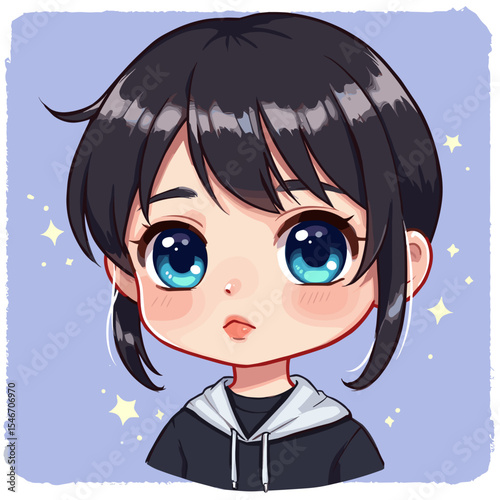 Anime character with short black hair wearing a hoodie on pastel background  