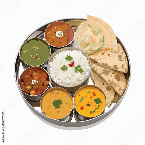 A flat illustration of a traditional Indian thali plate, featuring rice, curry, and roti, rendered in a simple and clean style, isolated on white.