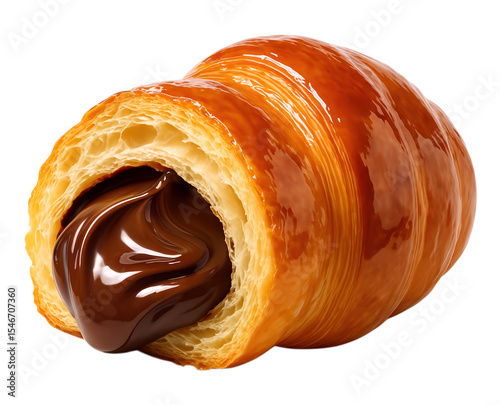Delicious Croissant Filled with Rich Chocolate Cream, Perfectly Baked to Golden Perfection, Isolated on Transparent and White Background