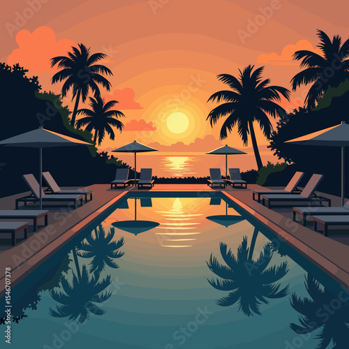 Tropical poolside with lounge chairs at sunset and palm trees  