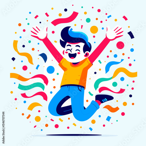 Happy boy jumping with arms raised surrounded by colorful confetti  