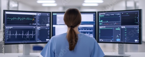Female Doctor Analyzing Vital Signs on Multiple Monitors, Healthcare , Telemedicine