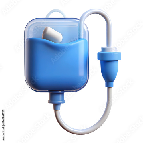 High quality 3d rendering of saline drip bag with white pill inside plasticstyle icon isolated on transparent background depicting intravenous therapy and medical treatment with blue liquid