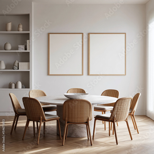 Modern dining room with round table and wicker chairs two empty square frames on wall