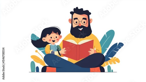 A joyful moment of a father reading a book to his daughter, surrounded by colorful plants and a relaxed atmosphere.