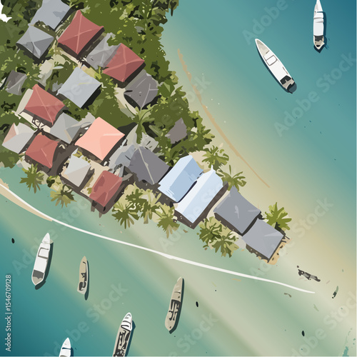 Aerial View of Coastal Village with Boats on Tropical Beach