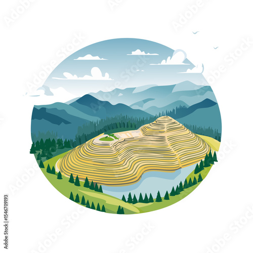 Scenic Landscape of Rice Terraces with Mountains and a Tranquil Lake