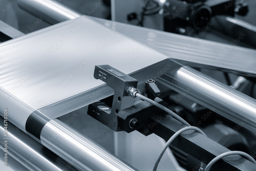 Fototapeta premium A roll of plastic polyethylene film is cut by a food packaging machine. Industrial concept background.