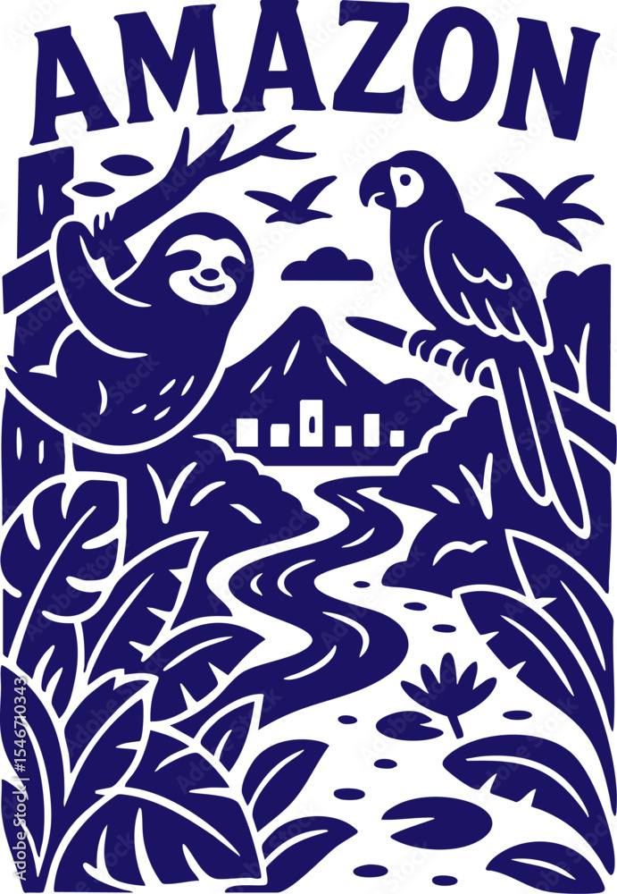 Fototapeta premium Amazon jungle with sloth and parrot in bold graphic style