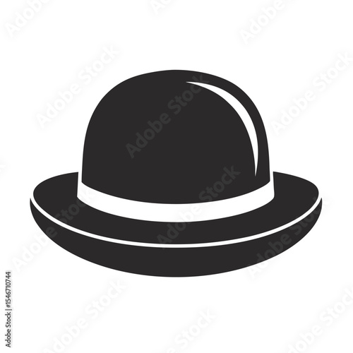 A black bowler hat with a white band isolated on white background representing classic fashion and vintage style