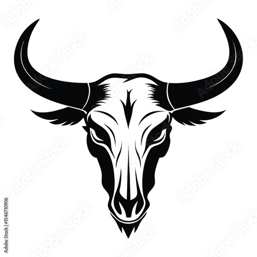 A black and white bull head with large horns isolated on white background symbolizes strength and wild nature