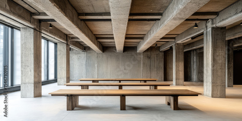 Long wooden tables are placed in an empty, modern concrete interior with large windows. Industrial architecture, spacious setting