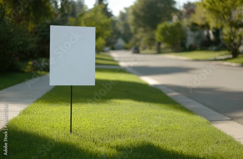 Blank White Sign on Green Lawn in Suburban Street, Creating a Calm Atmosphere Under Bright Sunlight With Long Shadows