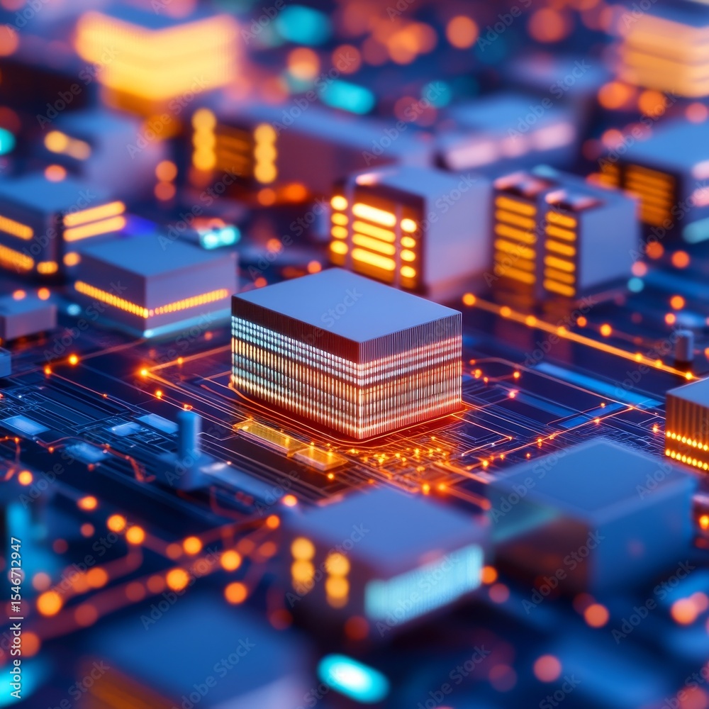 Fototapeta premium Illuminated Circuit Board with Glowing Chips,Technology, Microchip