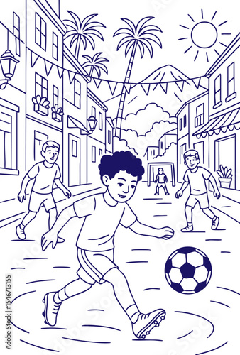 Boys playing soccer on sunny street with palm trees and mountains