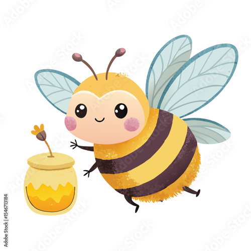 A cartoon bee is flying next to a jar of honey isolated on white background