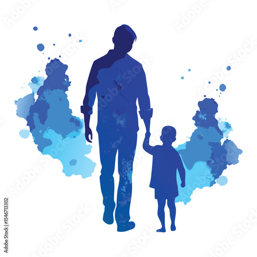 A blue watercolor silhouette of a father holding his childs hand isolated on white background
