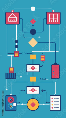 Abstract diagram illustration depicting processes and relationships in a flat design