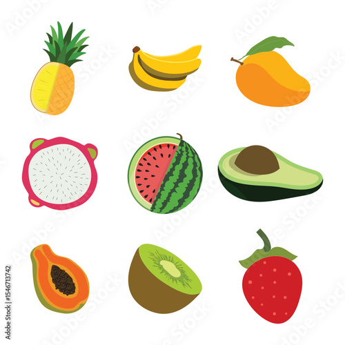 Collection of sliced tropical fruits: pineapple, banana, mango, dragon fruit, watermelon, avocado, papaya, kiwi, and strawberry