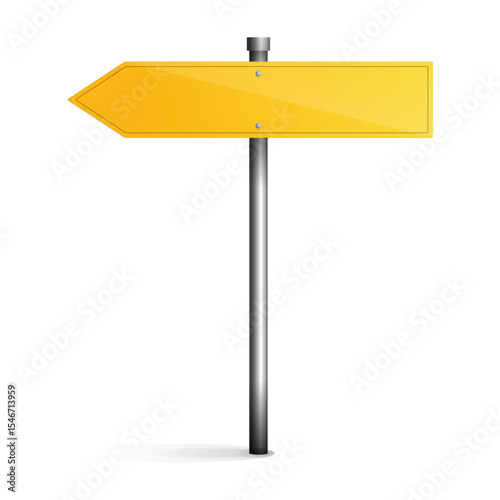 Blank yellow directional signpost on a metal pole, isolated on white background, simple design, graphic element, wayfinding, direction, guidance, navigation,