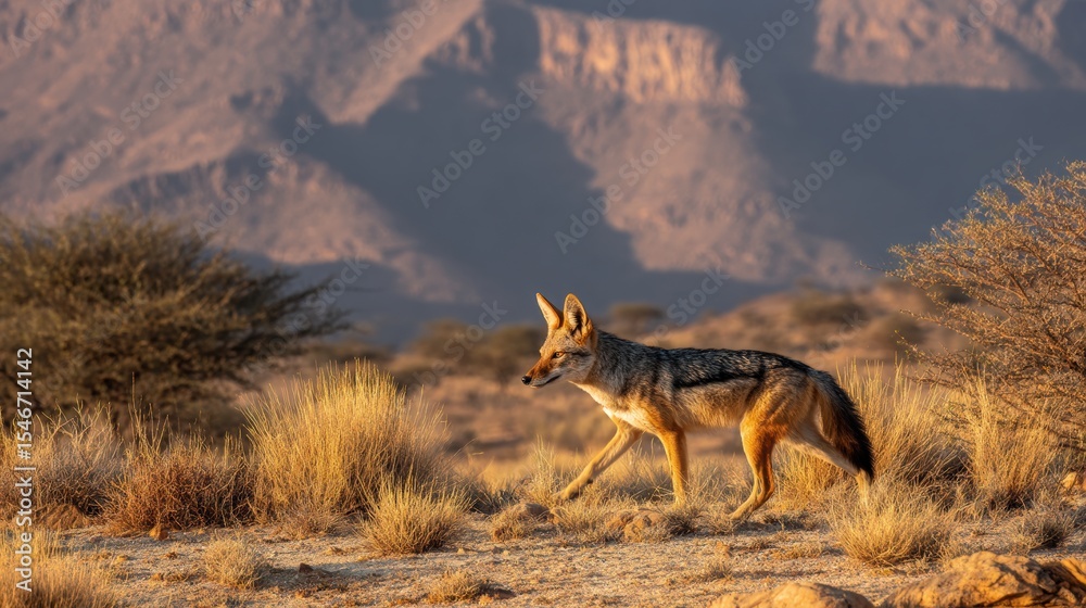 Fototapeta premium Majestic Jackal Walking in Arid Desert Landscape at Sunset Glow