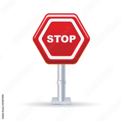 Red hexagonal stop sign on a metal post, isolated on white background, simple design, clear message, safety symbol, warning sign,